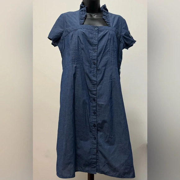 Millennium Dress Blue Empire Neck Ruffled Button Down Sz Large Short Sleeve Mini - Picture 2 of 6